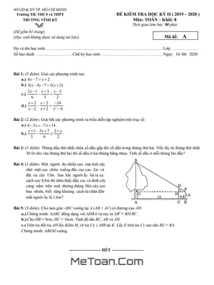 Đề kiểm tra học kỳ 2 Toán 8 năm 2019 - 2020 trường Trương Vĩnh Ký - TP HCM