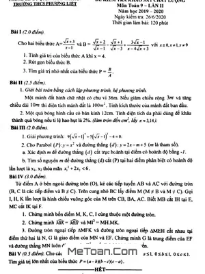 Đề khảo sát Toán 9 lần 2 năm 2019 - 2020 trường THCS Phương Liệt - Hà Nội