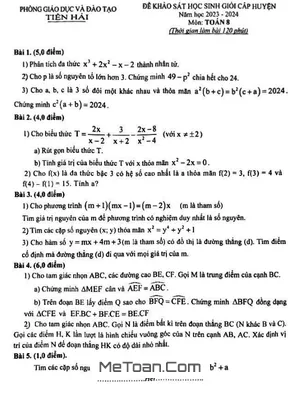 Đề thi học sinh giỏi Toán 8 năm 2023 - 2024 phòng GD&ĐT Tiền Hải - Thái Bình