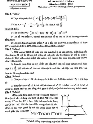 Đề Olympic Toán 6 Năm 2022 - 2023 Phòng GD&ĐT Quốc Oai - Hà Nội
