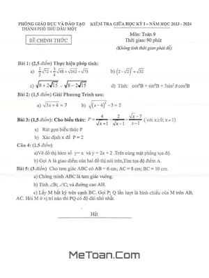 Đề Thi Giữa Học Kỳ 1 Toán 9 Năm 2023 - 2024 Phòng GD&ĐT Thủ Dầu Một - Bình Dương