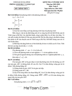 Đề thi cuối học kì 2 Toán 9 năm 2022 - 2023 phòng GD&ĐT Ba Đình - Hà Nội