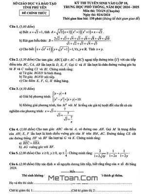 Đề thi tuyển sinh lớp 10 môn Toán (chuyên) năm 2024 - 2025 Sở GD&ĐT Phú Yên