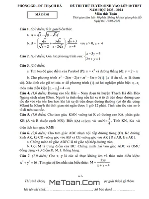 Đề thi thử Toán vào 10 năm 2023 - 2024 phòng GD&ĐT Thạch Hà - Hà Tĩnh