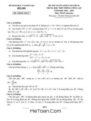 Đề thi tuyển sinh lớp 10 môn Toán (chuyên) năm 2021 - 2022 Sở GD&ĐT Bến Tre