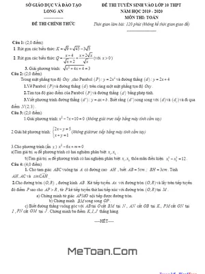 Đề thi tuyển sinh lớp 10 THPT môn Toán năm 2019 - 2020 sở GD&ĐT Long An