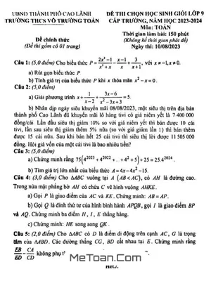 Đề thi học sinh giỏi Toán 9 năm 2023 - 2024 trường THCS Võ Trường Toản - Đồng Tháp