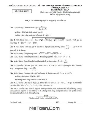 Đề thi HSG huyện Toán 9 năm 2020 - 2021 phòng GD&ĐT Tam Dương - Vĩnh Phúc