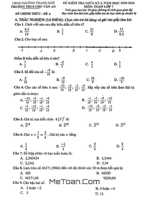 Đề thi giữa học kỳ 1 môn Toán 7 năm 2025 – 2026 trường THCS Chu Văn An – Đà Nẵng
