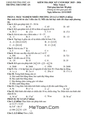 Đề Kiểm Tra Học Kỳ 1 Toán Lớp 6 Năm 2025-2026 Tại THCS Phú An, TP. Hồ Chí Minh