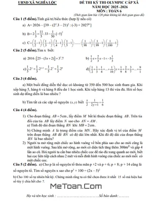 Đề Thi Olympic Toán Lớp 6 Xã Nghĩa Lộc, Nghệ An Năm Học 2025-2026 Có Đáp Án Chi Tiết