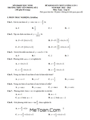 Đề khảo sát chất lượng Toán 11 lần 1 năm 2022-2023 trường THPT Yên Phong 2 - Bắc Ninh