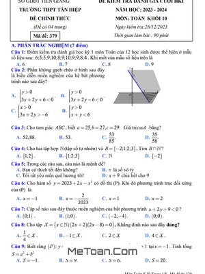 Đề thi HK1 Toán 10 năm 2023 - 2024 trường THPT Tân Hiệp – Tiền Giang