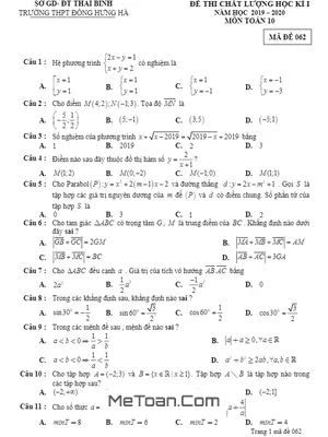 Đề thi học kì 1 Toán 10 năm 2019 - 2020 trường Đông Hưng Hà - Thái Bình