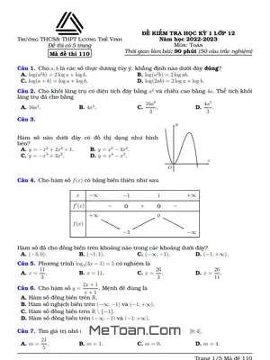 Đề thi học kỳ 1 Toán 12 năm 2022 - 2023 trường Lương Thế Vinh - Hà Nội