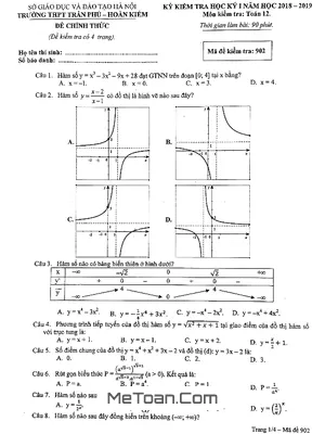 Đề thi HK1 Toán 12 năm 2018 - 2019 trường THPT Trần Phú - Hoàn Kiếm - Hà Nội
