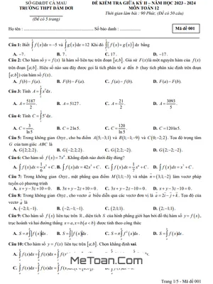 Đề Thi Giữa Kỳ 2 Môn Toán Lớp 12 Năm 2023 - 2024 Trường THPT Đầm Dơi - Cà Mau