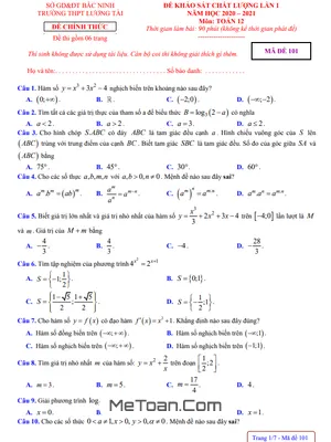Đề khảo sát Toán 12 lần 1 năm 2020 - 2021 trường THPT Lương Tài - Bắc Ninh