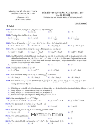 Đề kiểm tra tập trung môn Toán 12 trường THPT Phước Long - TP.HCM - Ôn thi THPT Quốc gia
