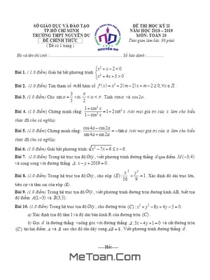 Đề thi học kỳ 2 Toán 10 năm 2018 - 2019 trường THPT Nguyễn Du - TP HCM