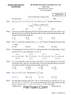 Đề thi HK2 Toán 12 năm học 2018 - 2019 trường THPT chuyên Nguyễn Huệ - Hà Nội