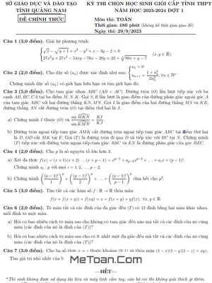 Đề thi học sinh giỏi tỉnh Toán THPT đợt 1 năm 2023 - 2024 Sở GD&ĐT Quảng Nam