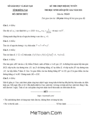 Đề Chọn Đội Tuyển HSG Toán Năm 2021 Sở GD&ĐT Tỉnh Đồng Nai
