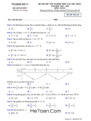 Đề thi thử tốt nghiệp THPT 2022 môn Toán lần 1 sở GD&ĐT Sơn La