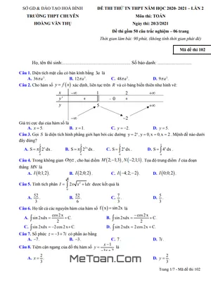 Đề thi thử Toán TN THPT 2021 lần 2 trường chuyên Hoàng Văn Thụ – Hòa Bình
