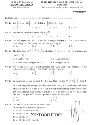 Đề Thi Thử THPT Quốc Gia 2017 Môn Toán Trường THPT Chuyên Bắc Giang Lần 1