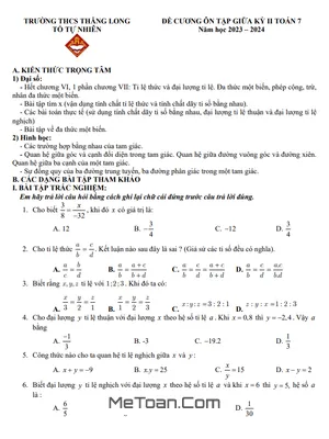 Đề Cương Ôn Tập Giữa Kỳ 2 Môn Toán Lớp 7 Năm 2023 - 2024 Trường THCS Thăng Long - Hà Nội