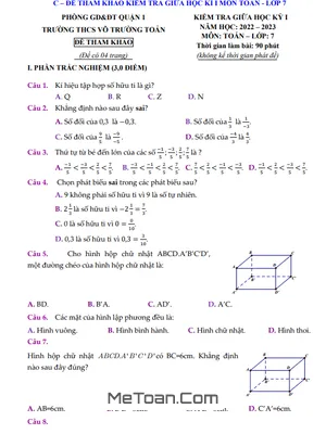 Đề tham khảo giữa học kỳ 1 Toán 7 năm 2022 – 2023 THCS Võ Trường Toản – TP HCM