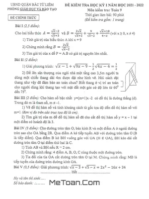 Đề thi HK1 Toán 9 năm 2021 – 2022 phòng GD&ĐT Bắc Từ Liêm – Hà Nội