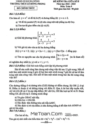 Đề Thi Giữa Kì 2 Toán 9 Năm 2022 - 2023 Trường THCS Lê Hồng Phong - Hà Nội