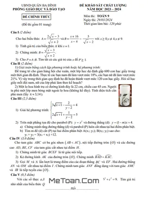 Đề khảo sát chất lượng Toán 9 năm 2023 – 2024 phòng GD&ĐT Ba Đình – Hà Nội
