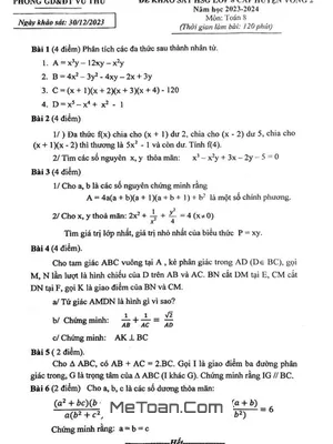 Đề khảo sát HSG Toán 8 vòng 2 năm 2023 - 2024 phòng GD&ĐT Vũ Thư - Thái Bình