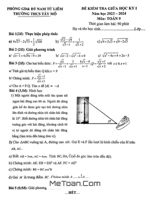 Đề Thi Giữa Kỳ 1 Toán 9 Năm 2023 - 2024 Trường THCS Tây Mỗ - Hà Nội