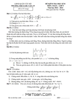 Đề thi học kì 2 Toán 9 năm 2022 - 2023 trường THCS Chu Văn An - Hà Nội