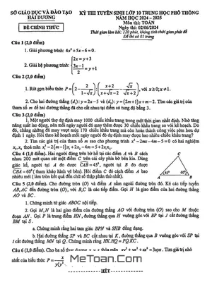 Đề thi tuyển sinh lớp 10 THPT môn Toán năm 2024 - 2025 sở GD&ĐT Hải Dương