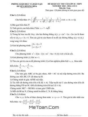 Đề khảo sát Toán vào 10 lần 2 năm 2023 - 2024 phòng GD&ĐT Hoằng Hóa - Thanh Hóa