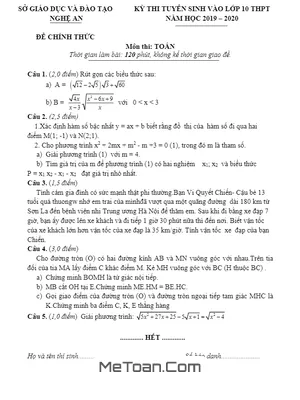 Đề thi tuyển sinh lớp 10 môn Toán Nghệ An năm 2019 - 2020