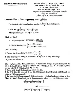 Đề chọn đội tuyển HSG Toán 9 năm 2020 - 2021 phòng GD&ĐT Yên Định - Thanh Hóa (vòng 2)