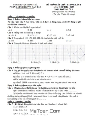 Đề khảo sát chất lượng Toán 6 lần 1 năm 2024 - 2025 phòng GD&ĐT Thanh Hà - Hải Dương