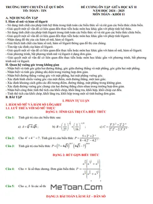 Đề Cương Ôn Tập Giữa Kỳ 2 Toán 11 Năm 2024 - 2025 Trường THPT Chuyên Lê Quý Đôn - Lai Châu