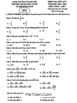 Đề Kiểm Tra Giữa Kỳ 1 Toán 7 Năm 2025 - 2026 Trường THCS Lê Thị Hồng Gấm, Đà Nẵng (Chính Thức)