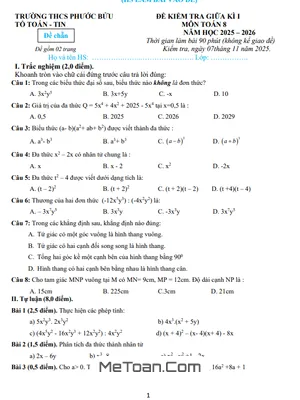 Đề Thi Giữa Học Kỳ 1 Toán 8 Năm 2025 - 2026 Trường THCS Phước Bửu, TPHCM (Kèm Đáp Án)