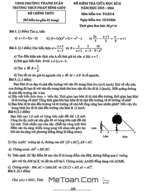 Đề giữa học kì 2 Toán 8 năm 2025 – 2026 trường THCS Phan Đình Giót – Hà Nội