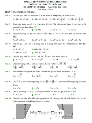 Đề thi học kỳ 1 Toán 10 năm 2023 - 2024 trường THPT chuyên Quốc học Huế