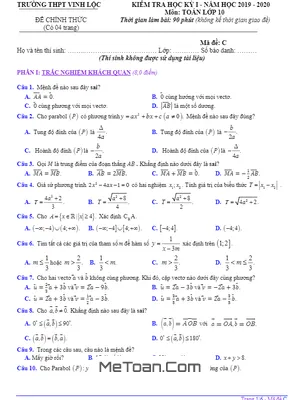 Đề thi HK1 Toán 10 năm 2019 - 2020 trường THPT Vinh Lộc - TT Huế