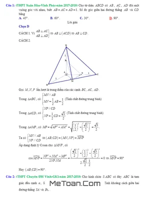 Trắc nghiệm Quan Hệ Vuông Góc trong Đề Thi Thử Toán 2018